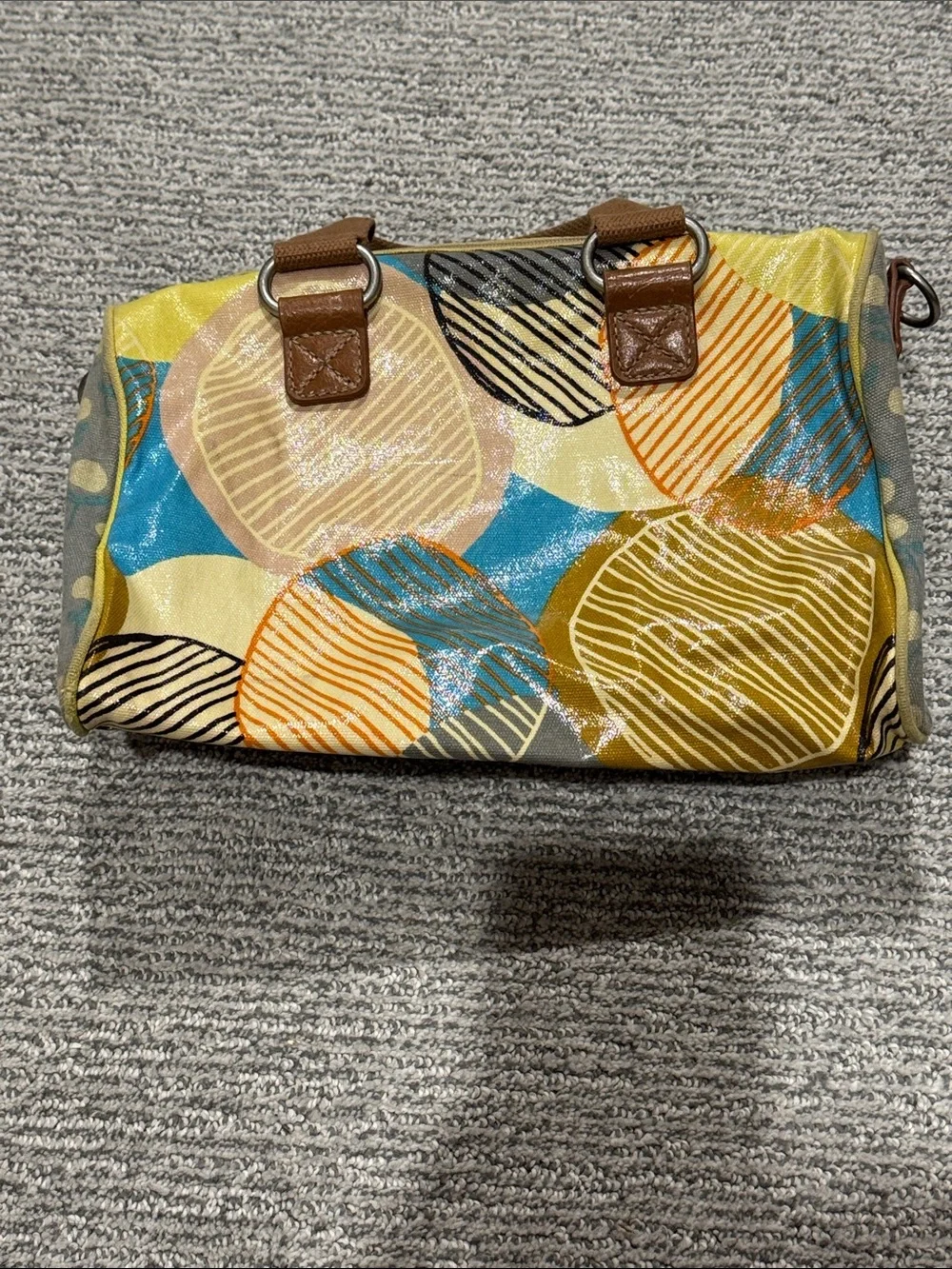 Fossil Circle Print satchel in Blue, Yellow & Tan